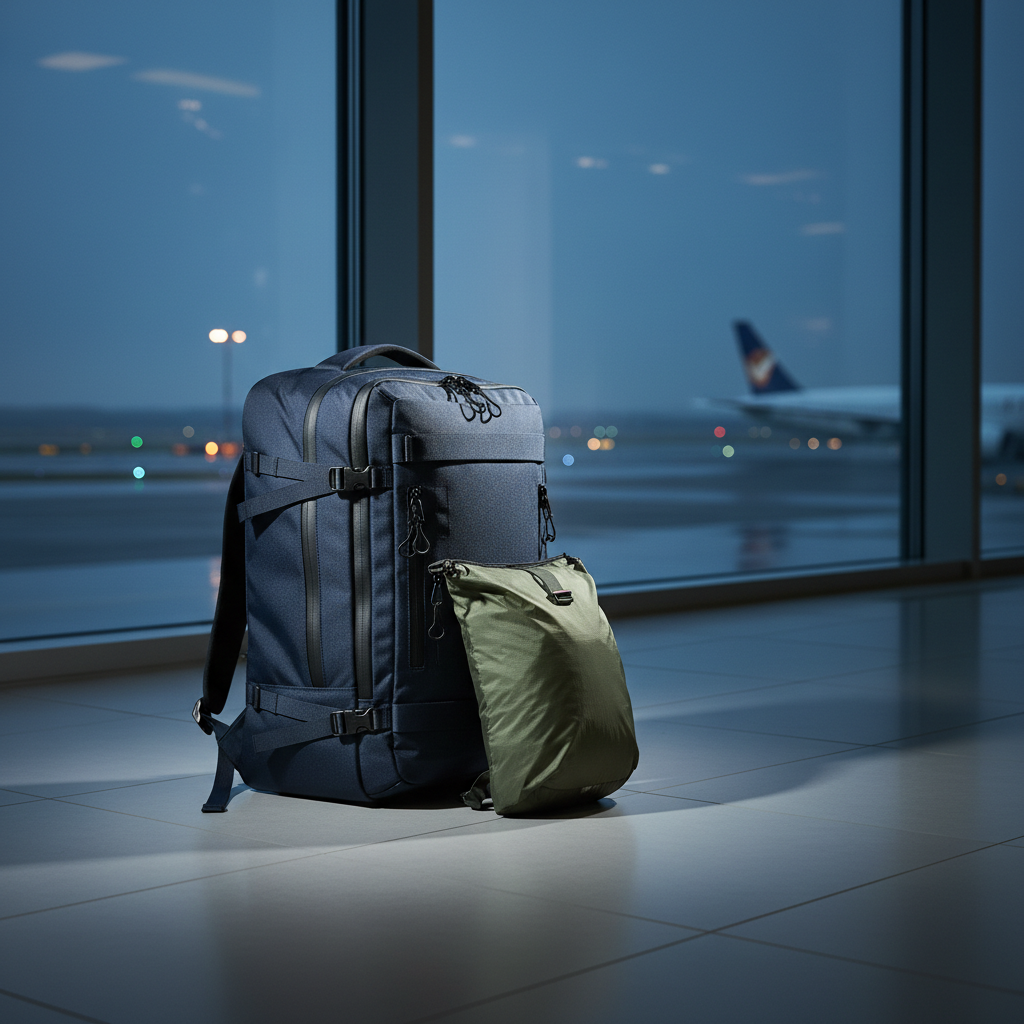 A weather-resistant 30L carry-on travel backpack in deep navy, standing upright on a minimalist airport lounge floor of smooth gray tile. The bag’s structured shape, lockable zippers, and side compression straps are clearly visible, along with a discreet laptop zipper on the side. A slim packable daypack in muted olive leans against it. Through full-height windows in the background, out-of-focus runway lights and a distant airplane tail are visible. Cool early-morning light streams in, creating rim highlights along the bag’s edges and soft shadows behind. The scene feels calm, anticipatory, and professional. Framed using the rule of thirds at a slightly low angle, emphasizing durability and readiness, rendered in clean, photographic realism.