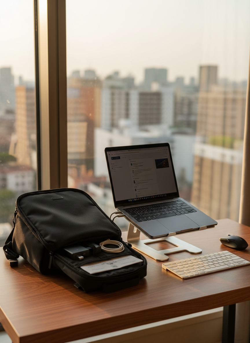 A streamlined digital nomad workstation set up on a warm walnut hotel desk, featuring an ultra-thin silver laptop elevated on a brushed aluminum stand, a compact wireless keyboard, and a tiny foldable Bluetooth mouse. Beside them rests a matte black 1L travel backpack with clean lines and taped zippers, partially unzipped to reveal organized compartments. In the background, a large window frames a softly blurred skyline of an unfamiliar city. Late afternoon natural light spills across the desk, creating elongated shadows and a calm, focused atmosphere. Captured at eye level with a slight three-quarter angle, maintaining a professional, photographic realism style that highlights practicality, portability, and thoughtful design.