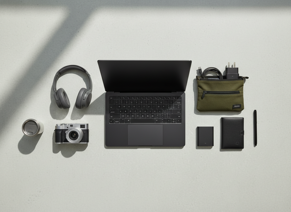 A meticulously arranged flat lay of premium travel gear for digital nomads on a smooth, light concrete surface. In the center sits a sleek 14-inch matte black laptop with a slim aluminum body, flanked by a compact mirrorless camera, noise-cancelling over-ear headphones in soft charcoal gray, a minimalist tech pouch with neatly visible cables, and a slim RFID-blocking passport wallet. Soft, diffused daylight from a nearby window creates gentle reflections on metallic edges and subtle shadows beneath each object. The mood is organized, professional, and aspirational. Shot from a true bird’s-eye view with sharp focus across the entire frame, emphasizing clarity and order. The photographic realism and clean, modern aesthetic support a high-end travel gear review brand.