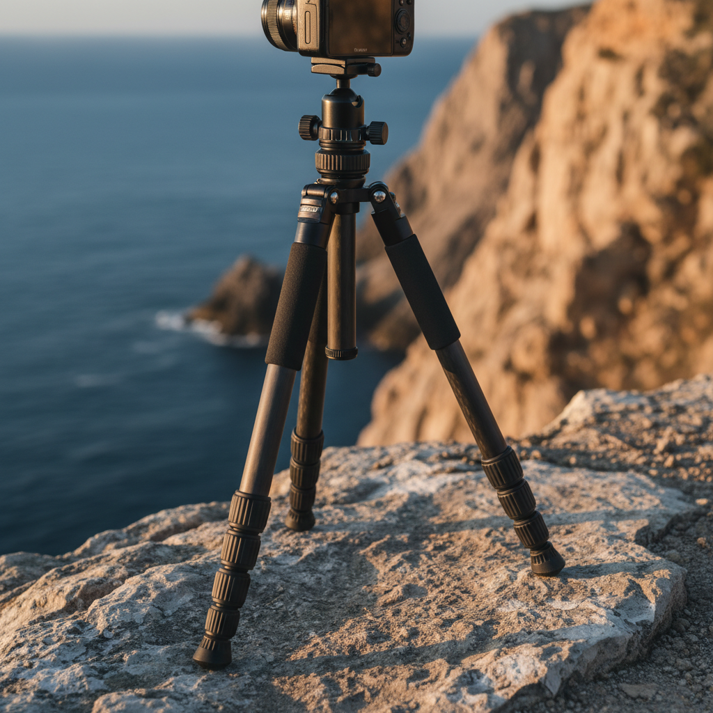 A rugged, weather-sealed ultralight travel tripod in matte carbon fiber, fully extended beside a rocky coastal overlook, standing on uneven stone with confident stability. Its twist locks, rubber feet, and compact ball head are clearly visible, supporting a small mirrorless camera silhouette. In the distance, the ocean and cliffs are softly blurred. Golden hour sunlight from the right side creates warm highlights along the tripod’s carbon fiber weave and gentle, elongated shadows on the rocks. Captured at a low-angle three-quarter view to emphasize engineering details and height. The atmosphere is adventurous yet precise, with professional photographic realism that underscores durability and performance for digital nomad creators.
