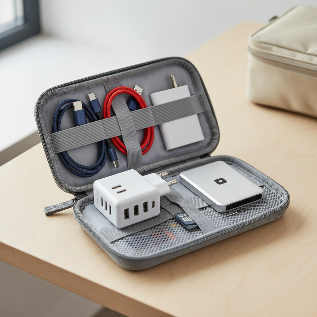 An ultra-compact tech organizer case, unzipped on a light birch hostel table, revealing meticulously arranged gear: braided USB-C cables, a palm-sized GaN multi-port charger, universal travel adapter with sliding prongs, and a slim SSD in a brushed aluminum shell. Each item is held in elastic loops or mesh pockets, creating a sense of precision and efficiency. Soft overcast window light from the left side produces minimal glare and very gentle shadows, keeping every detail legible. The background shows a subtly blurred fabric packing cube and a neutral-colored wall. Shot from a slightly elevated angle with a shallow depth of field that keeps the organizer in crisp focus. The mood is orderly and professional, in a clean, modern, photographic style ideal for a gear review close-up.